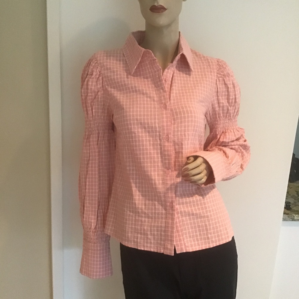 The Shirt Rochelle Behrens Dara Pink Berry Grid Puff Sleeve Smocked Blouse S